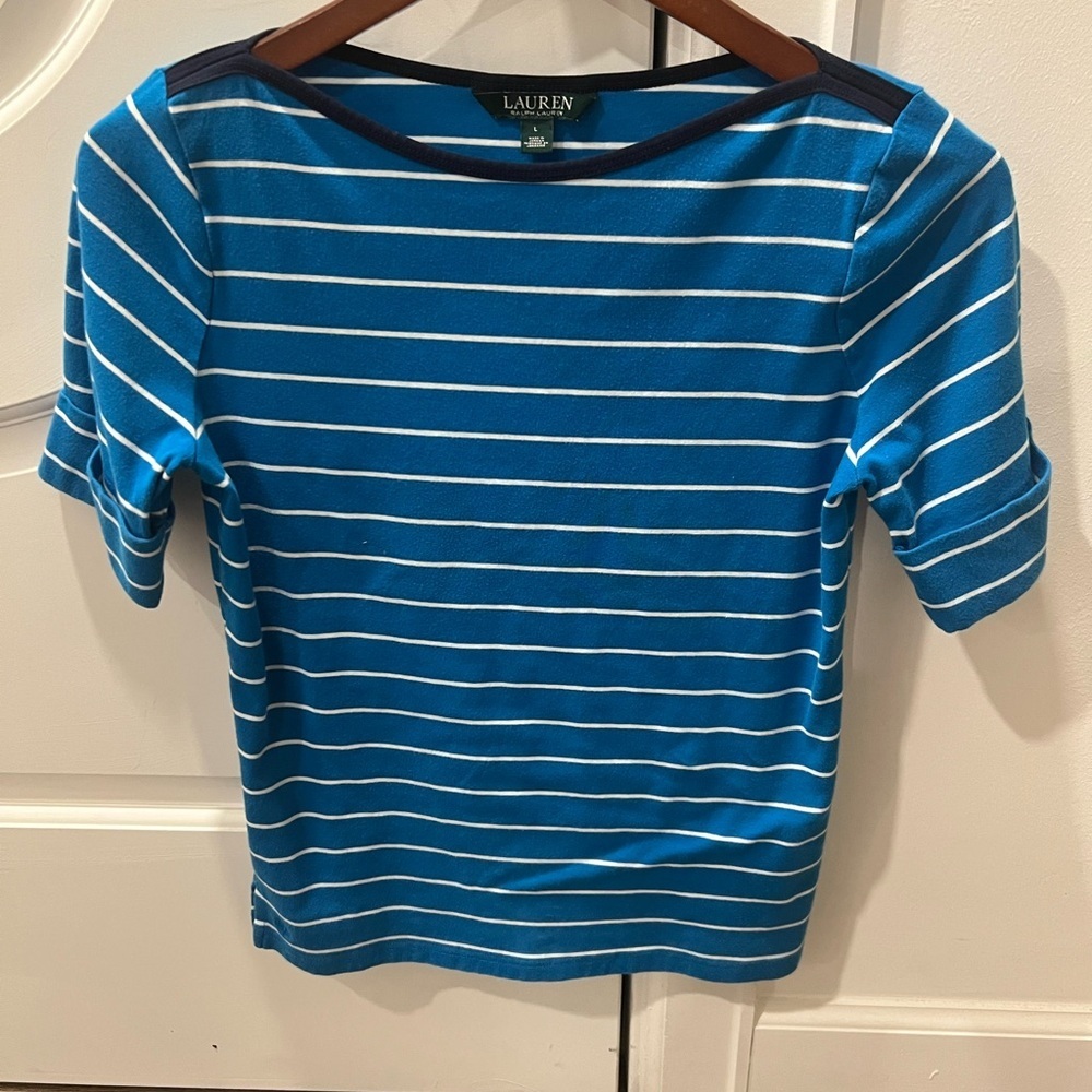Ralph Lauren Blue and White Striped Short Sleeve Tee